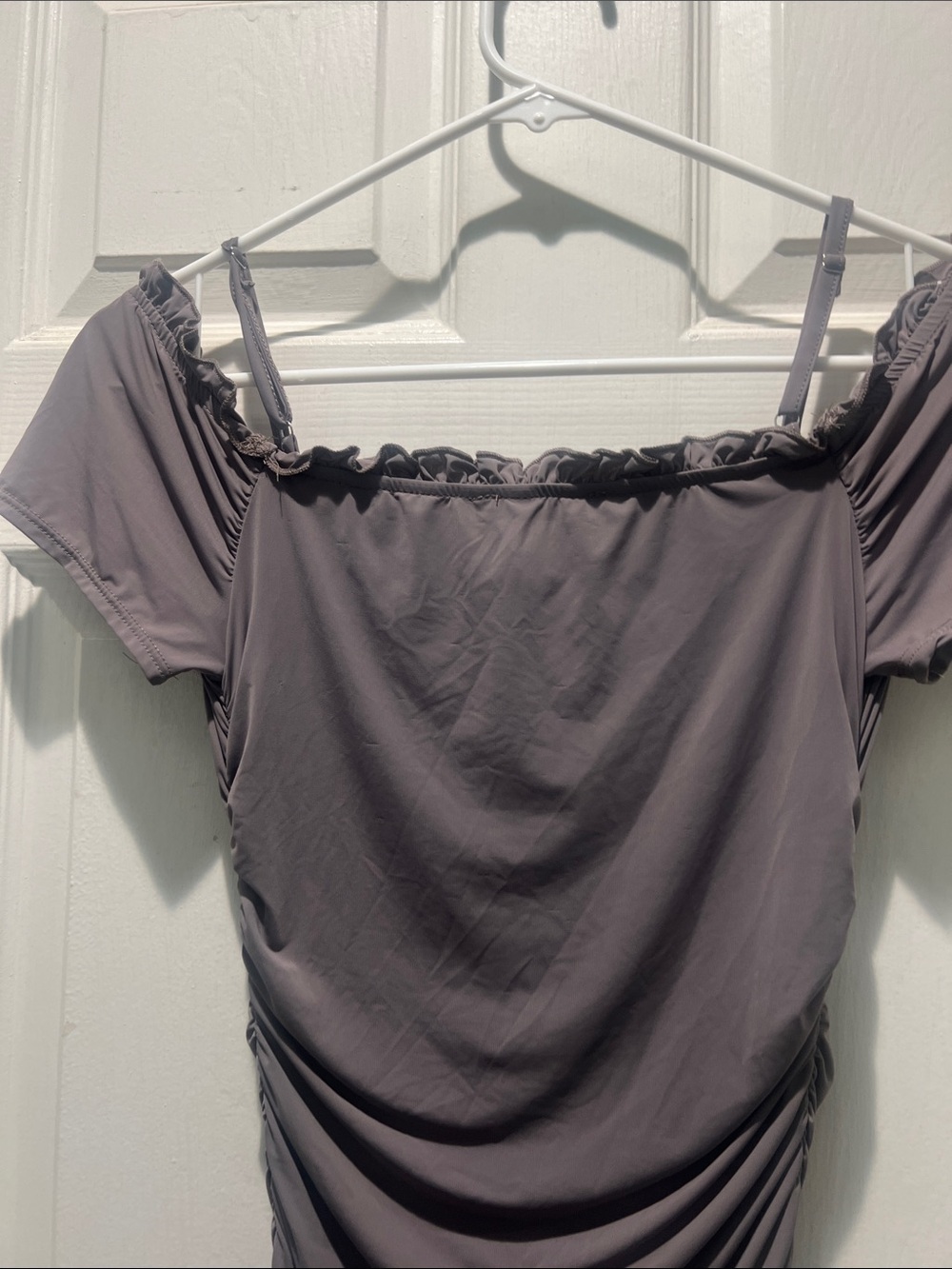 Aster Ruched Off-Shoulder Midi Dress in Light Brown - Picture 8 of 13